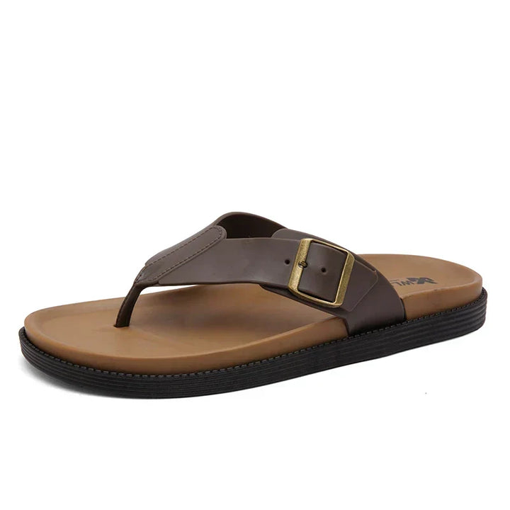 Men's fashion thong slides with buckle detail, providing stylish comfort for summer casual outfits.
