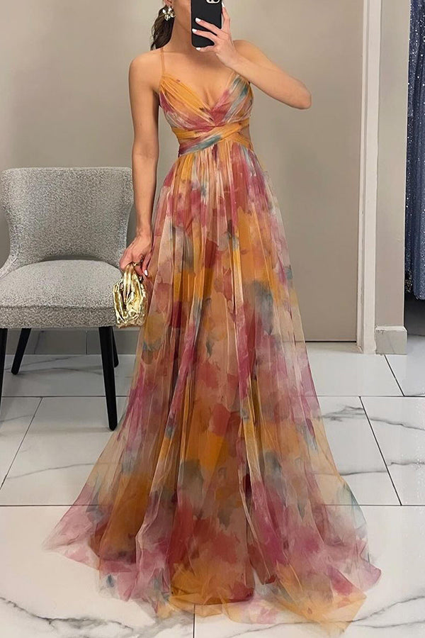 Women's elegant A-line watercolor maxi dress, spaghetti strap V-neck. Perfect for summer fashion.