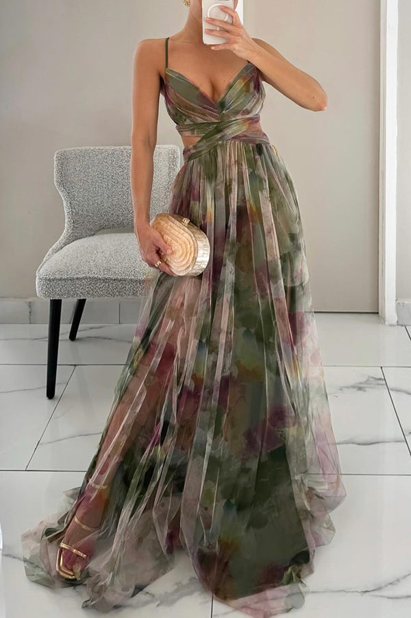 Vibrant watercolor print A-line maxi dress for women, flowy & casual elegant summer style.