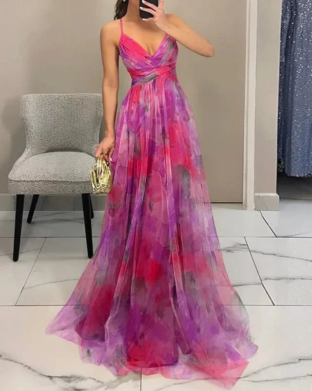 Elegant women's A-line maxi dress featuring a beautiful watercolor design and flattering V-neck.