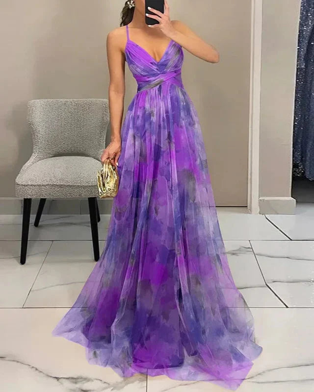 Flowy summer A-line maxi dress for women, vibrant watercolor print. Ideal for casual elegant looks.