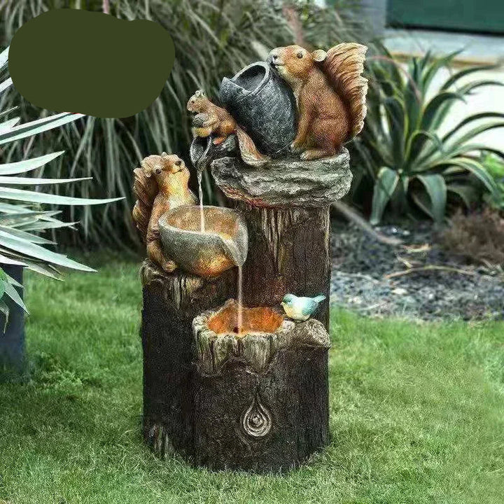 Charming squirrel figure solar fountain with LED light for your garden. Weatherproof resin patio and balcony decor.