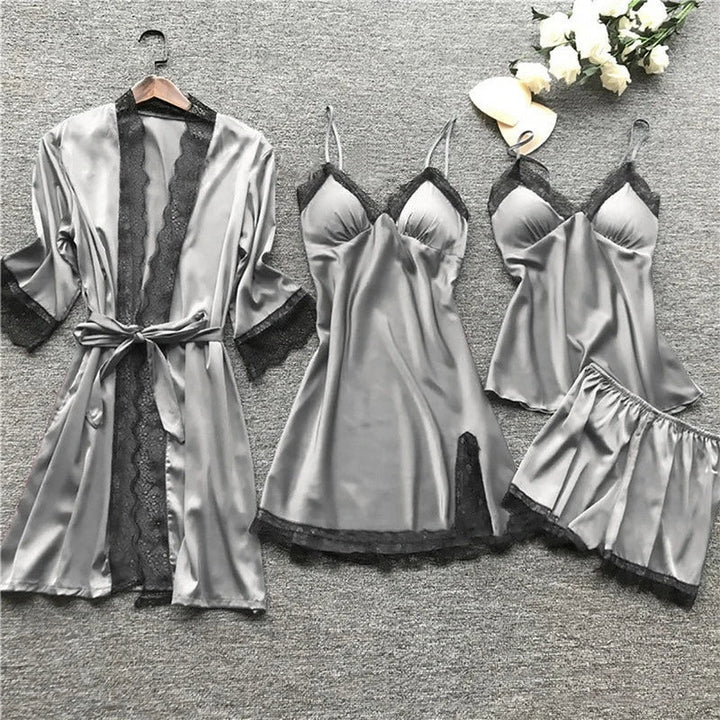 Chic women's satin kimono and pajama set, ideal luxury loungewear for elegant comfort.