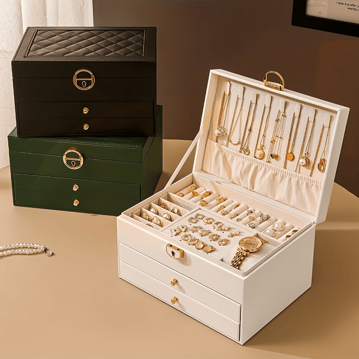 Elegant black luxury women's jewelry organiser box for necklaces, rings & bracelets.