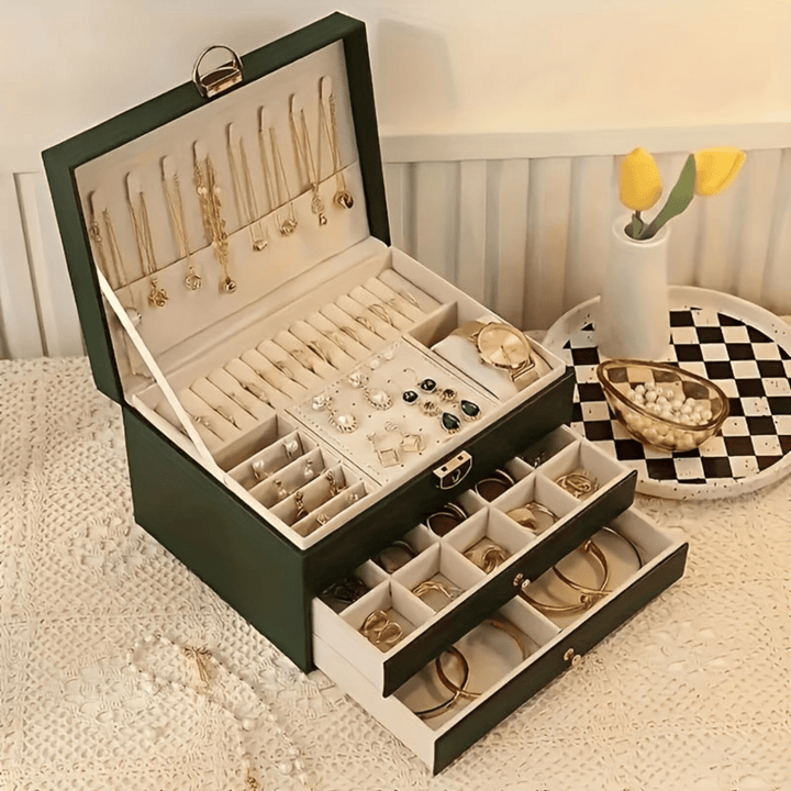Women's multi-compartment jewelry storage box for rings, necklaces, earrings & small accessories.