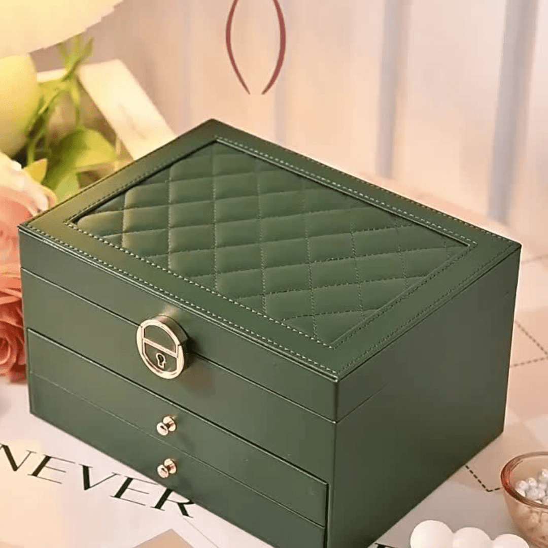 Compact luxury travel jewelry organiser, securely stores women's rings, necklaces, and earrings.