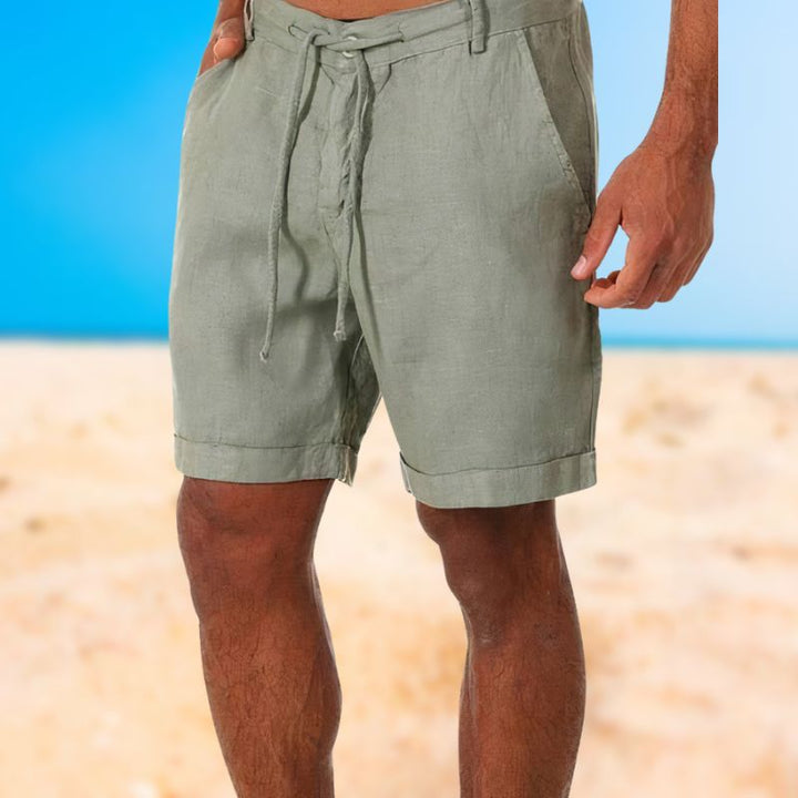 Refined men's linen summer shorts, smart casual & versatile for warm weather.