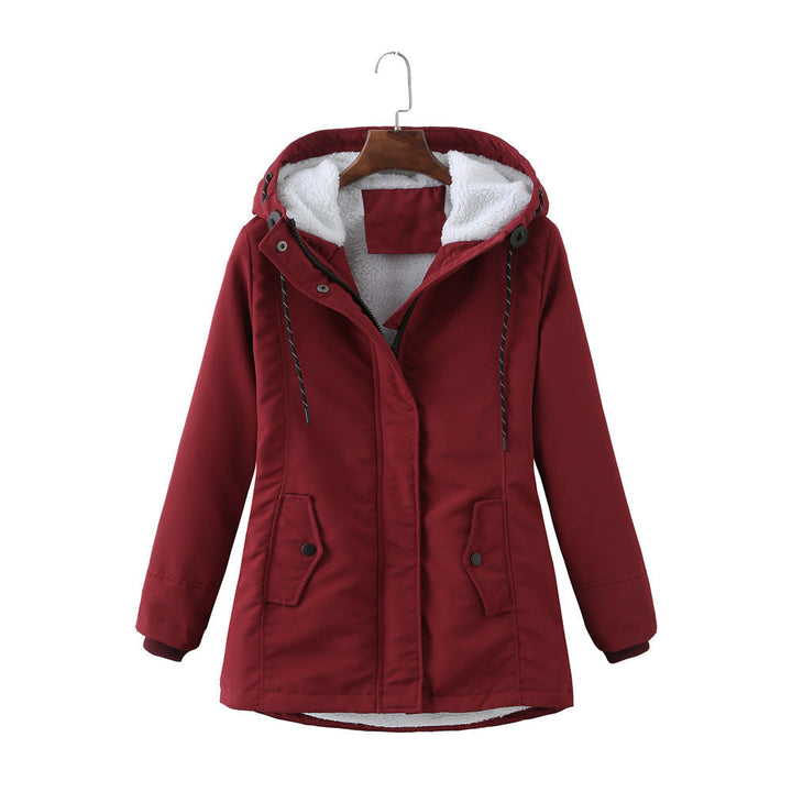 Modern women's Aurora winter parka, a chic & warm long coat perfect for elegant cold weather fashion.