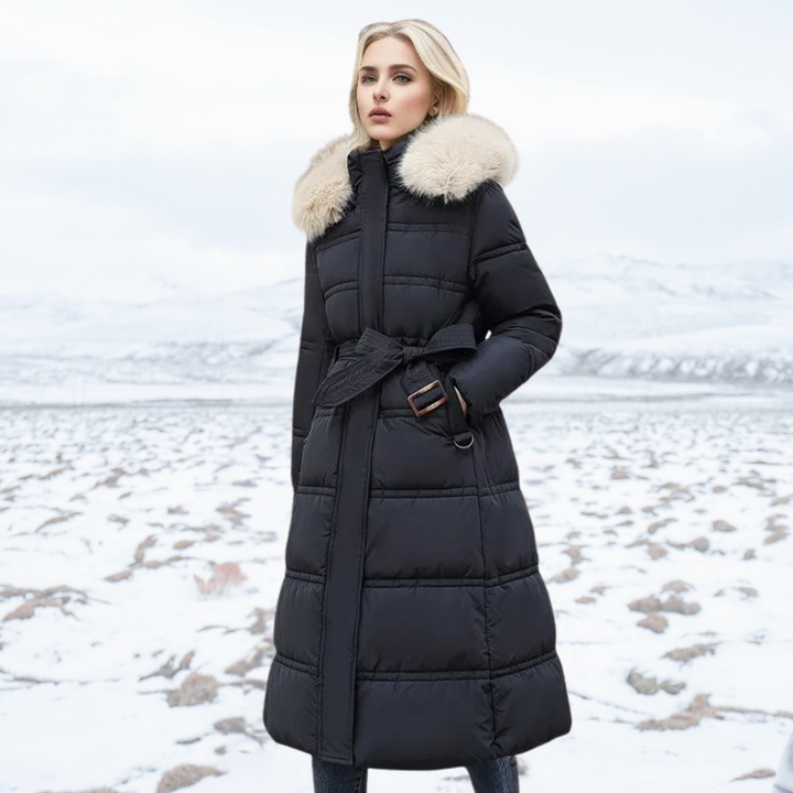 Elegant women's plush winter coat, offering warmth and style.