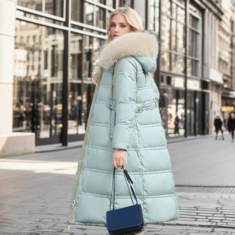 Luxury women's winter coat with a plush texture, perfect for cold days.