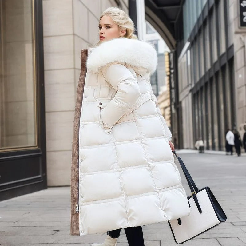 Women's long winter coat, made with plush faux fur for elegant warmth.
