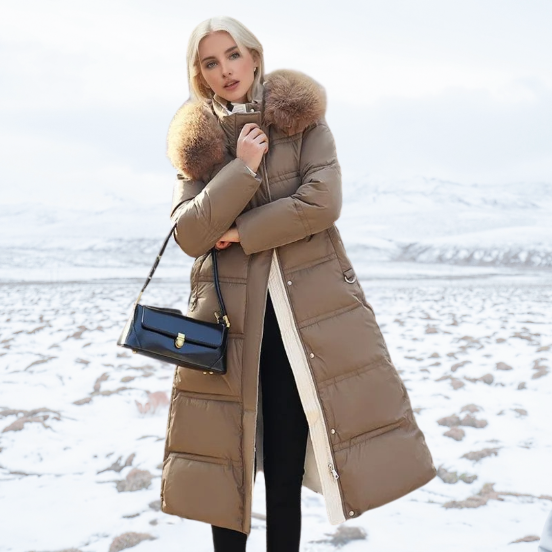Stylish women's long faux fur coat for elegant winter fashion.