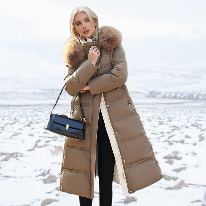 Stylish women's long faux fur coat for elegant winter fashion.