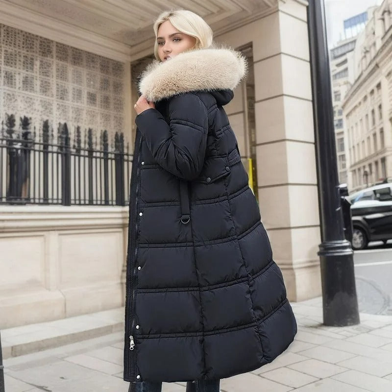 Women's Amara luxe faux fur long coat, showcasing elegant design.