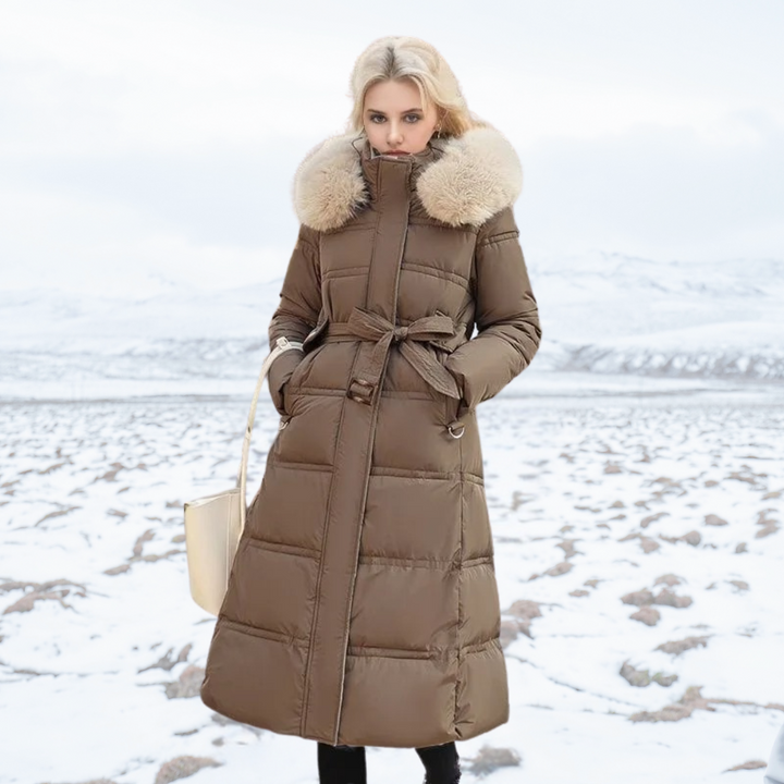 Full shot of women's luxe faux fur winter coat in elegant style.