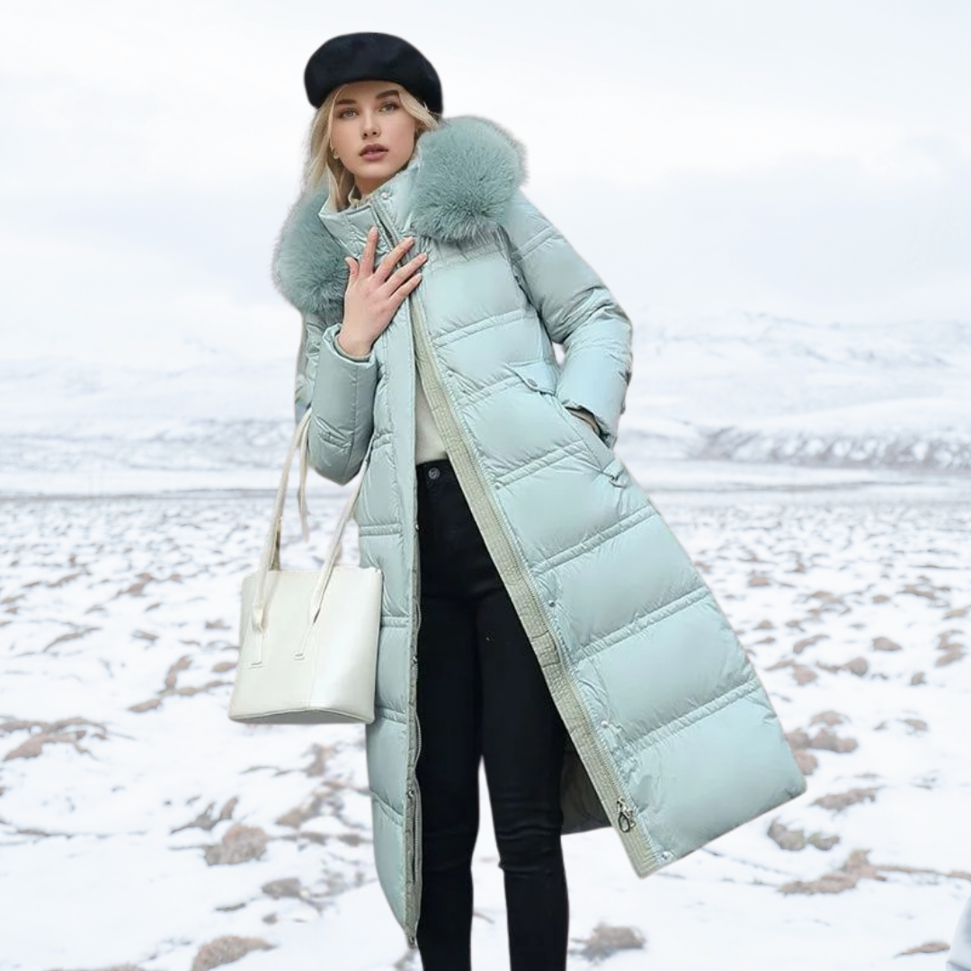 Full length view of a women's warm faux fur winter coat, stylish and cozy.