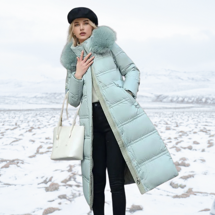 Full length view of a women's warm faux fur winter coat, stylish and cozy.