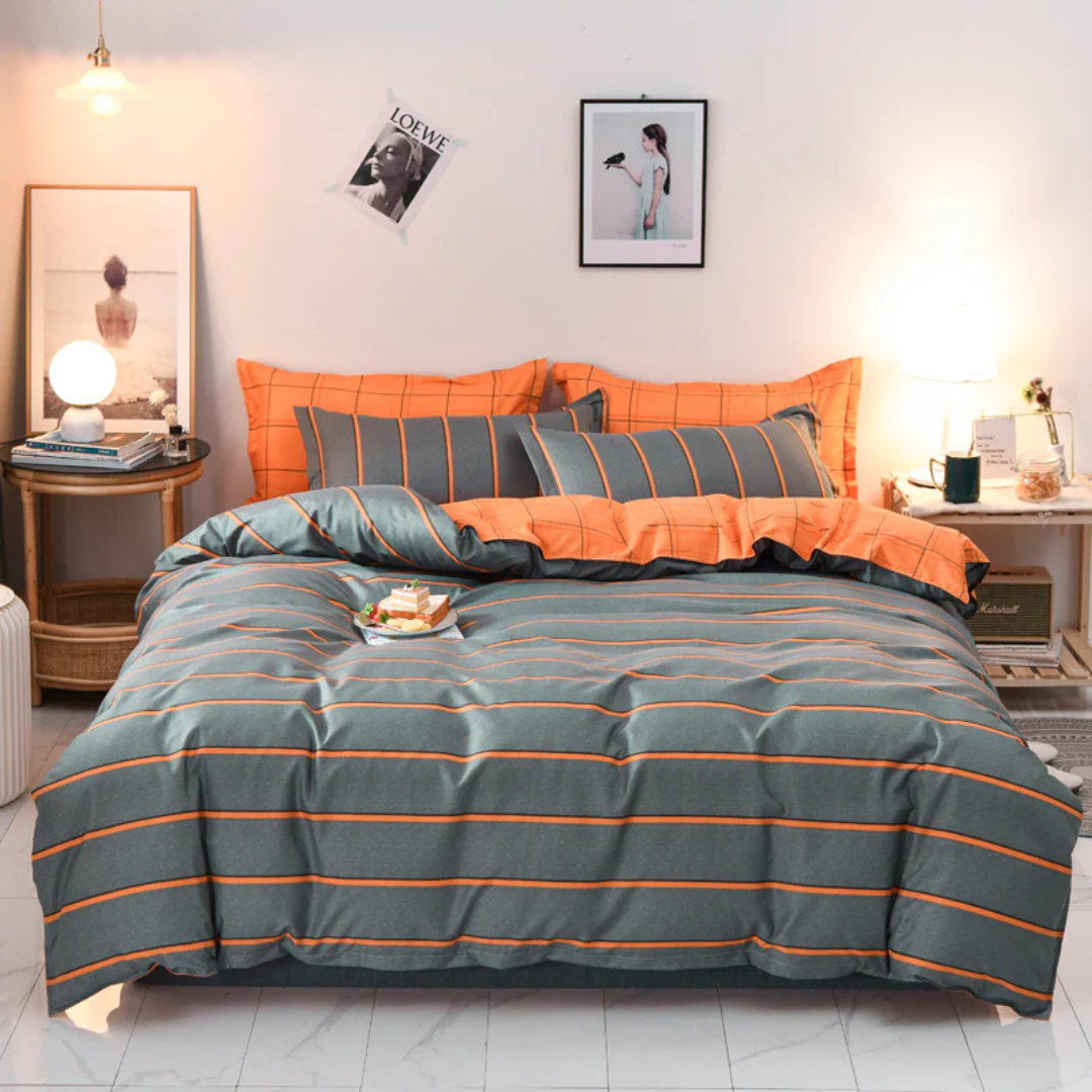 Luxury modern duvet cover set with matching pillowcases, abstract design for elegant bedroom decor & comfort.