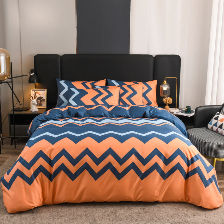 Comfortable luxury modern duvet cover set, easy care home textile bedding with matching abstract pillowcases.