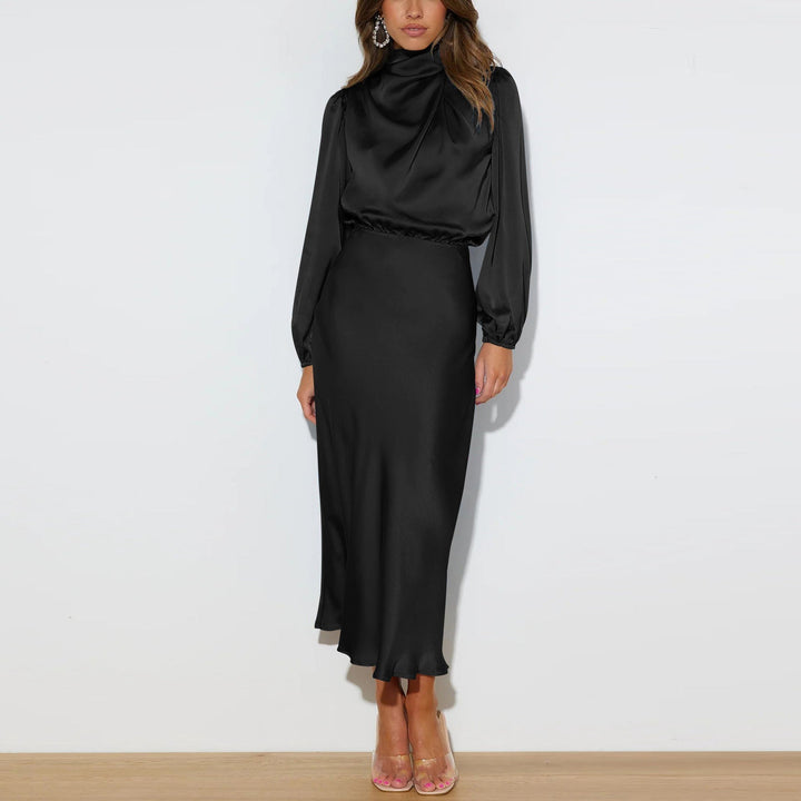 Elegant women's long satin evening dress, a glamorous maxi gown for formal events & special occasions.