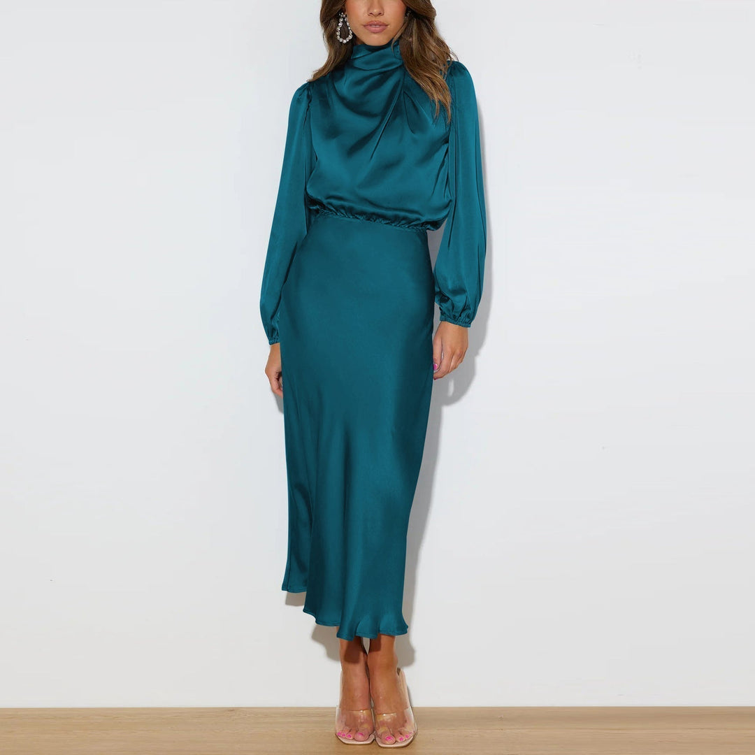 Evelina women's luxe satin maxi dress. Elegant evening gown, perfect for formal occasions & parties.