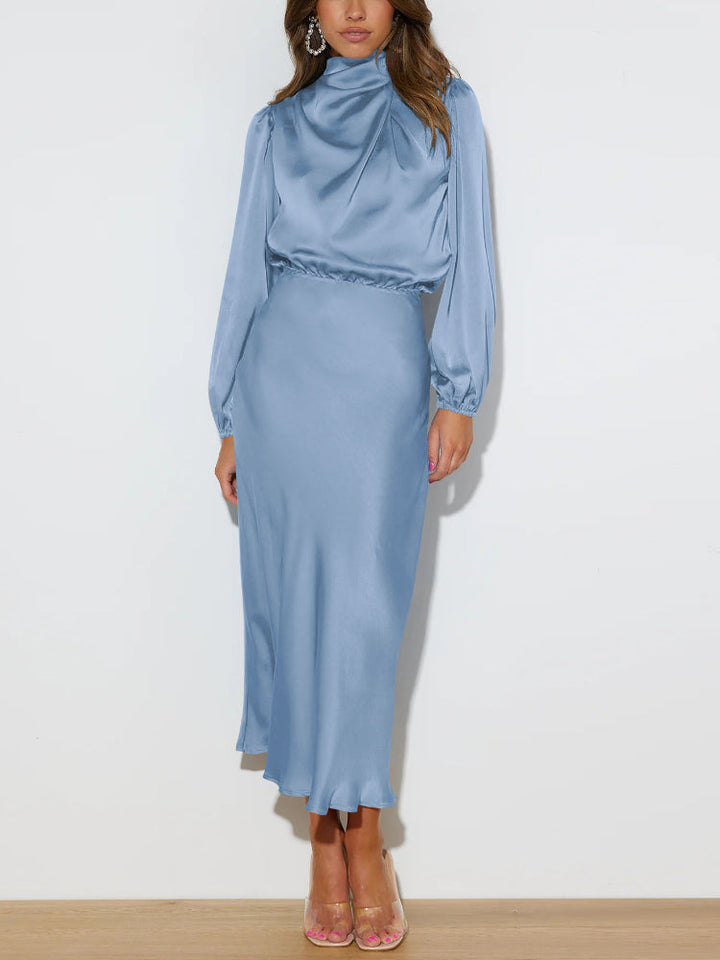 Glamorous ladies' satin maxi dress, elegant for evening wear. Long, chic, and perfect for special events.