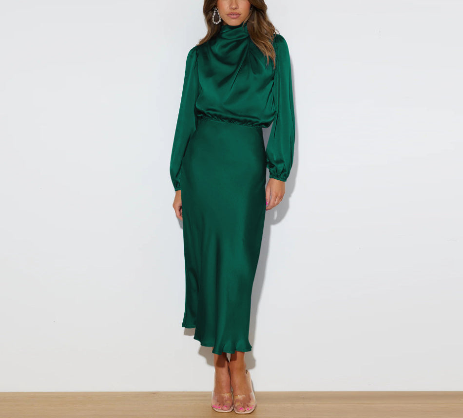 Elegant women's satin maxi dress, perfect for evening events. Luxe fabric, long & flowing. Evelina design.
