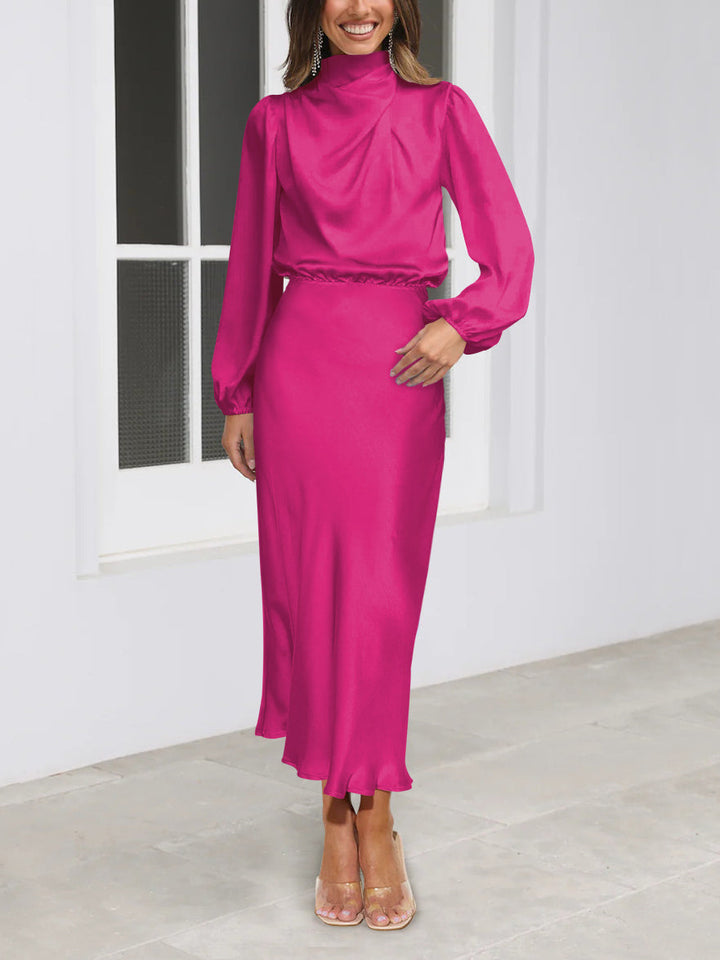 Chic women's long satin party dress, elegant & glamorous for evening events. Luxe fashion wear.