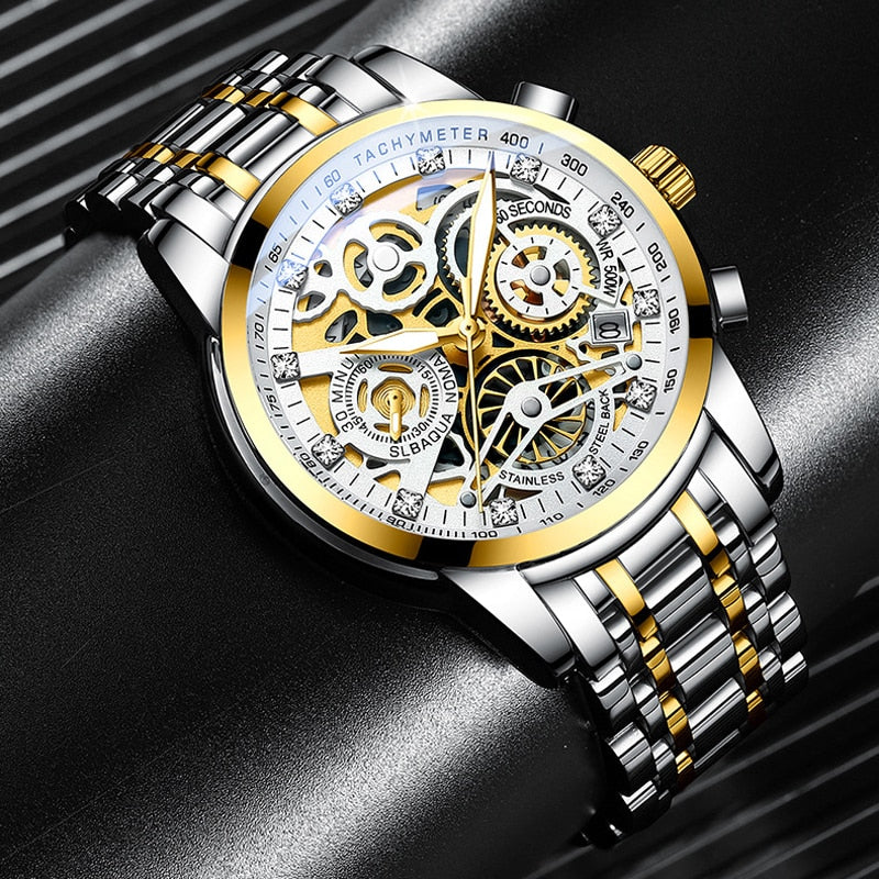 Classic men's automatic skeleton watch. Polished case, transparent dial showcasing precise mechanical movement.