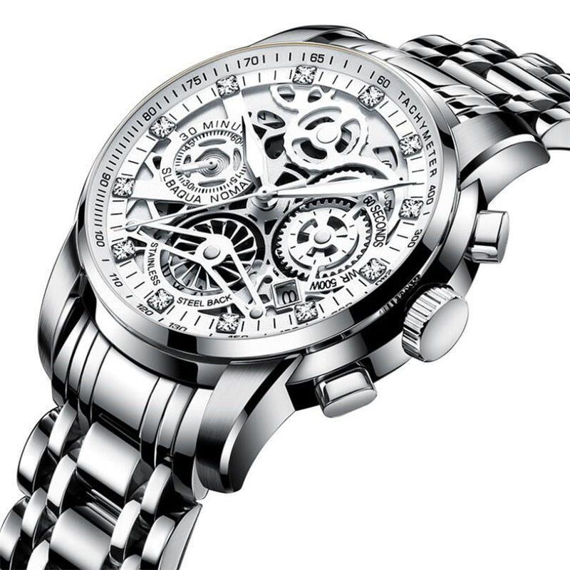 Unique men's mechanical skeleton watch. See-through dial reveals intricate automatic gears. A luxury accessory.