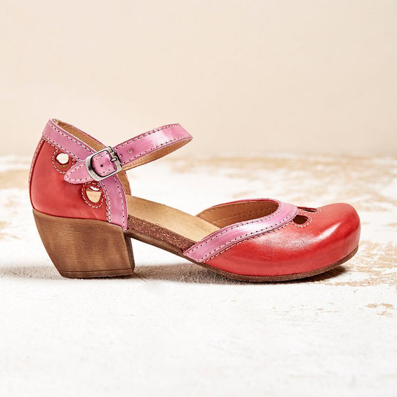 Elegant women's two-tone Mary Jane block heel shoes, a classic style with comfortable ankle strap.
