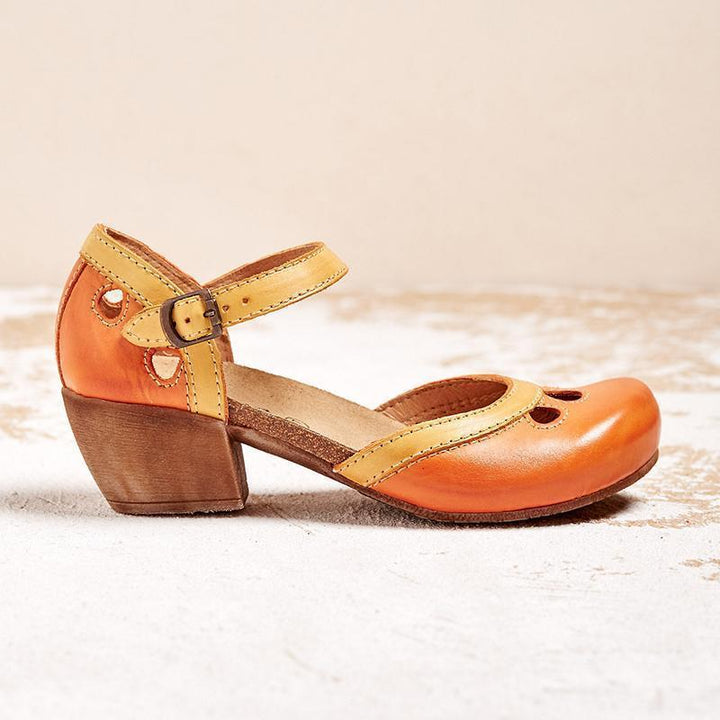 Stylish two-tone Mary Jane block heels for women, ideal for office wear & vintage fashion lovers.