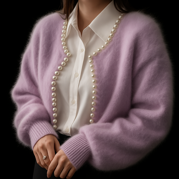 Lyra | Women's Open Front Pearl Trim Cardigan - Purple - Image 5