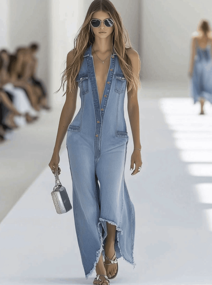 Chic light blue wide-leg sleeveless jumpsuit for women, versatile for casual or elegant summer outfits.
