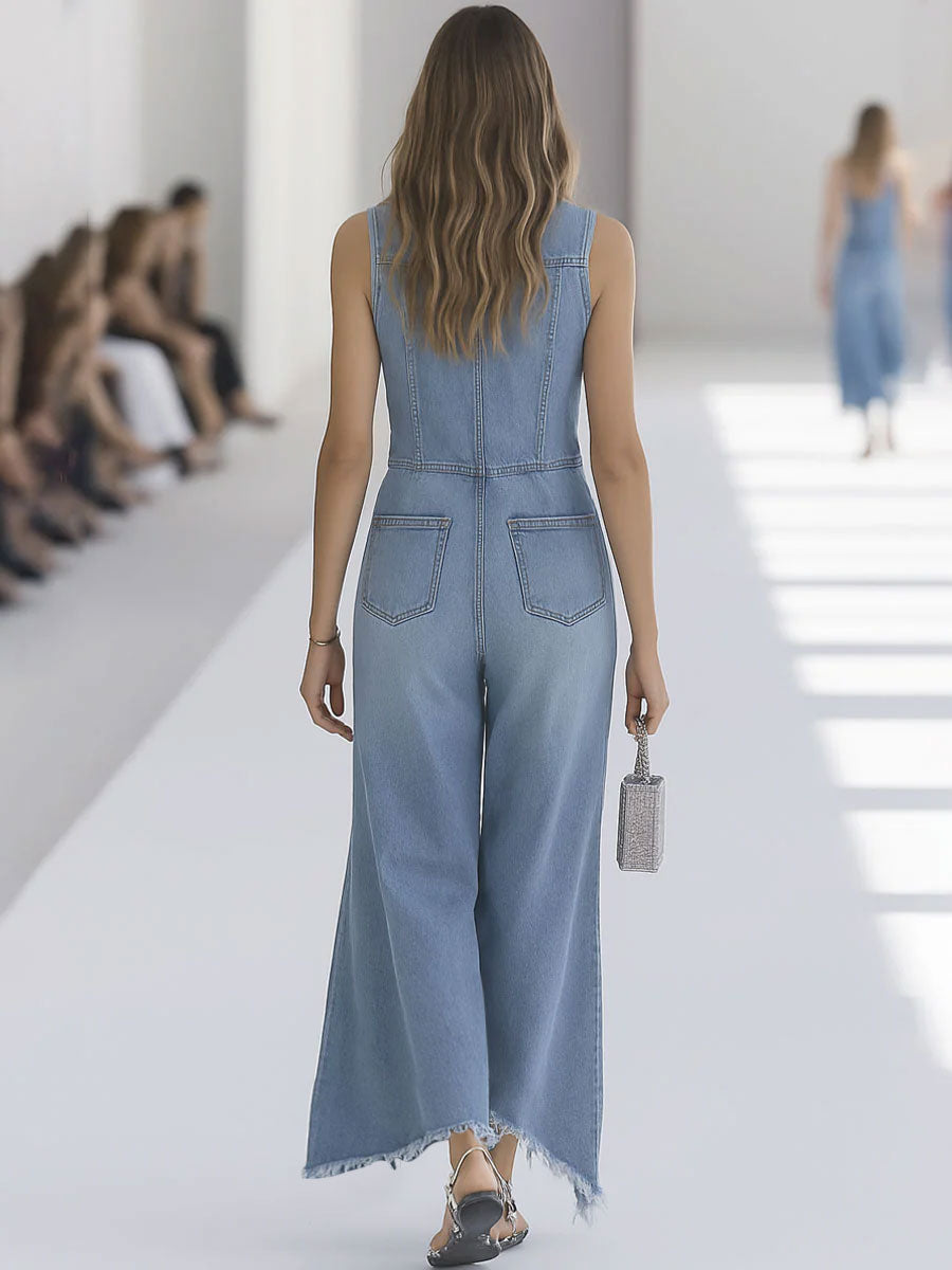 Stylish light blue women's sleeveless wide-leg jumpsuit, a versatile one-piece for summer fashion.