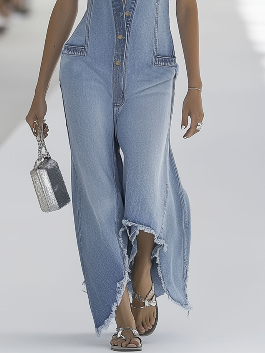 Casual yet elegant light blue women's wide-leg sleeveless jumpsuit, great for versatile warm-weather fashion.
