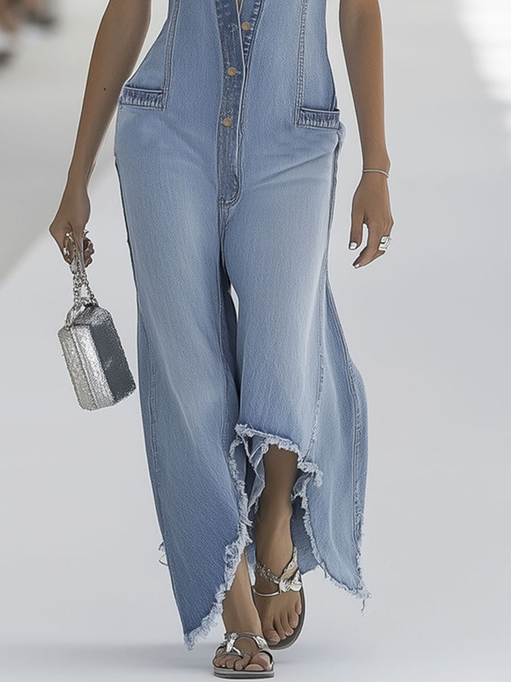Casual yet elegant light blue women's wide-leg sleeveless jumpsuit, great for versatile warm-weather fashion.