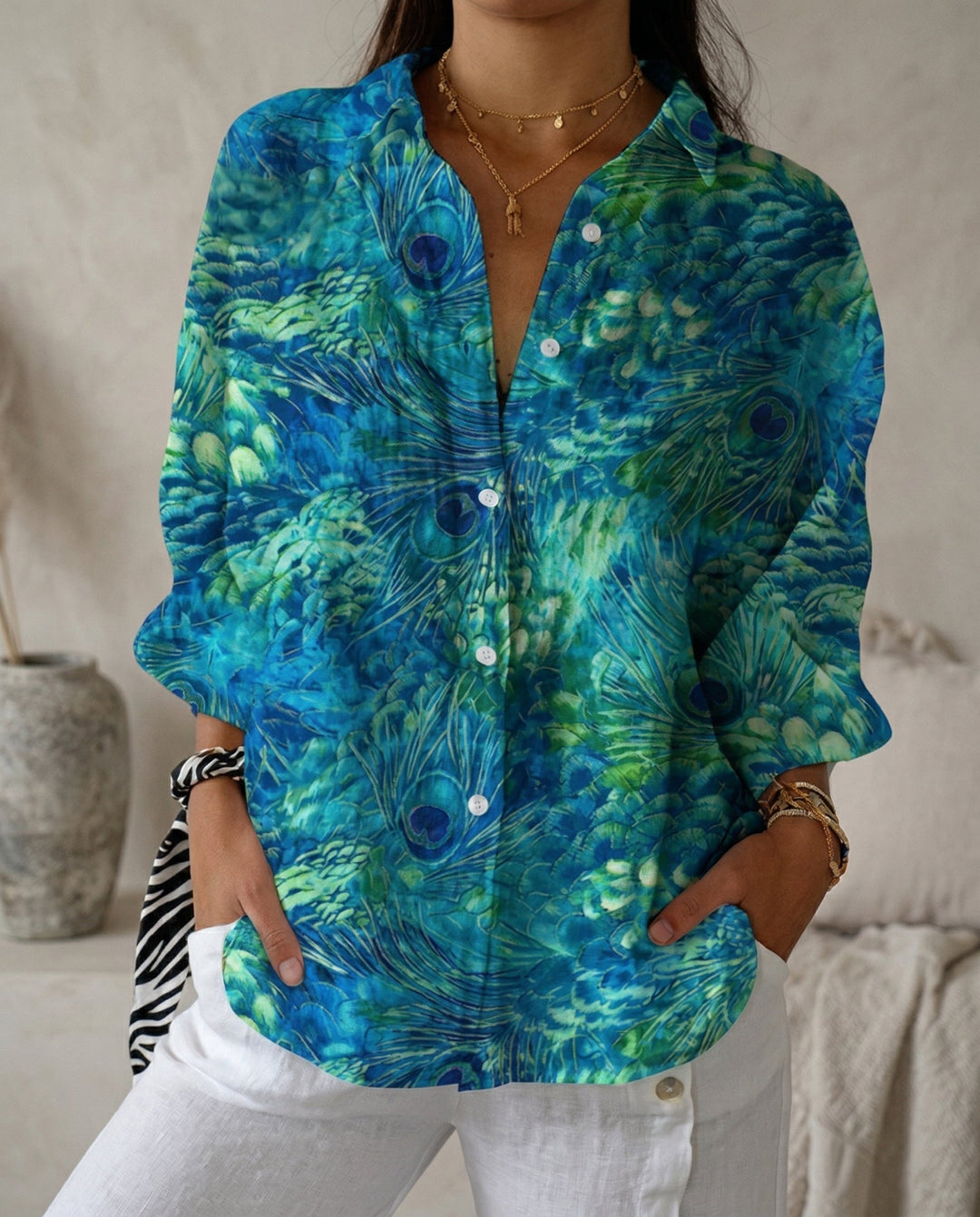 Lysithia | Women's Peacock Print Button Front Shirt - Image 1