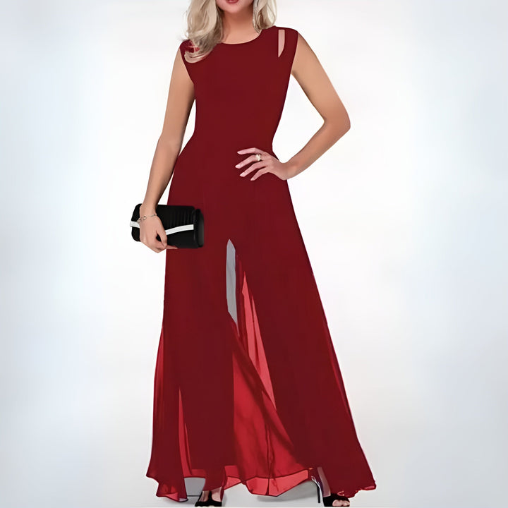 Solid color women's elegant sleeveless flared jumpsuit, a stylish piece of women's fashion for versatile party wear.