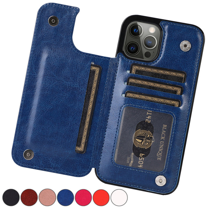 Elegant unisex iPhone 16 leather wallet case featuring card slots & magnetic snap closure.