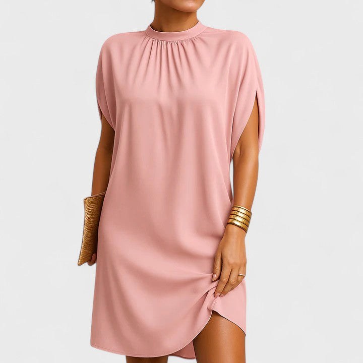 Elegant women's fitted midi dress with ruched neckline, perfect for evening parties & special occasions.