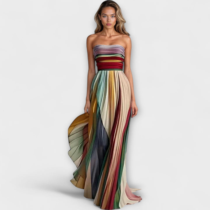 Elegant women's strapless pleated striped cocktail dress, perfect for parties & special occasions.