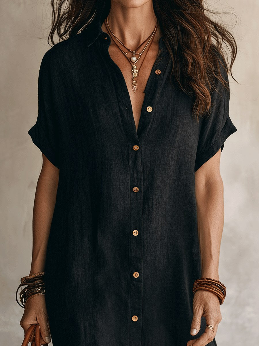 Stylish women's midi length button dress, a relaxed fit shirt dress for everyday fashion.