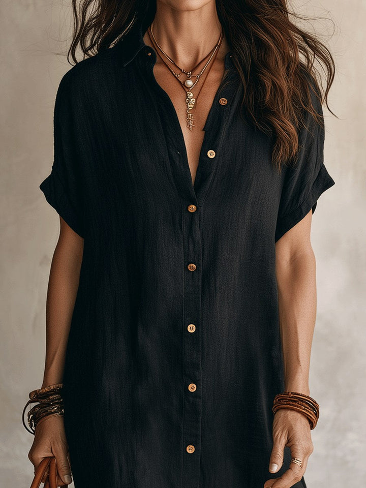 Stylish women's midi length button dress, a relaxed fit shirt dress for everyday fashion.