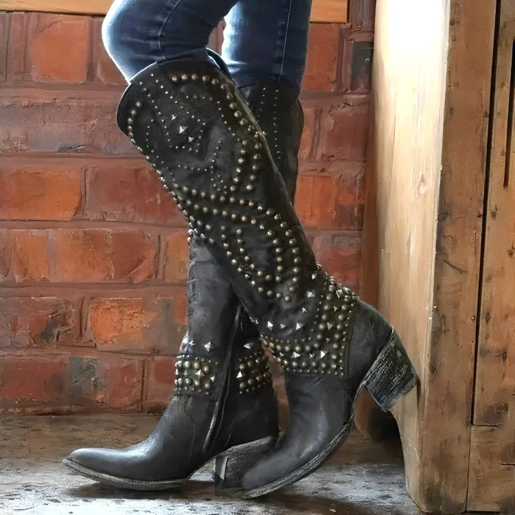 Fashionable women's winter knee-high boots. Orthopedic design with a chic pointed toe and sturdy block heel for comfort.