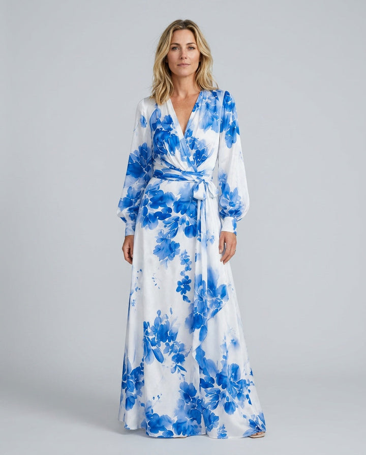 Elegant women's floral wrap maxi dress with lantern sleeves & V-neck, perfect for wedding guests or parties.
