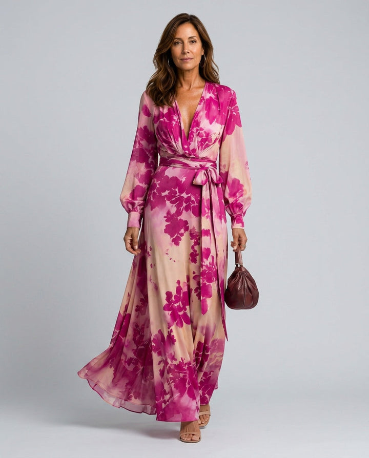 Stylish blue floral wrap maxi dress with chic lantern sleeves and a comfortable V-neck design for women.
