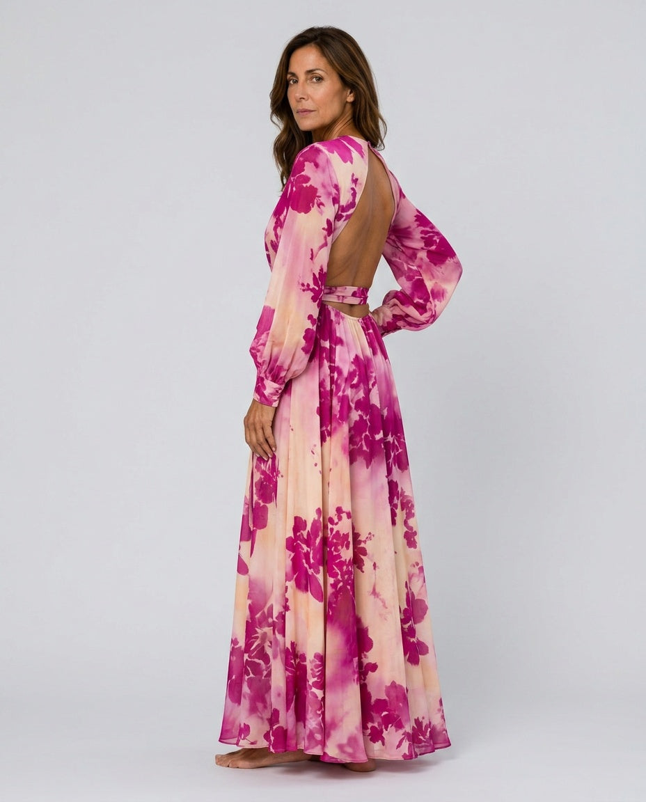Fashionable women's floral wrap maxi dress. Elegant lantern sleeves & tie-waist make it versatile for events.