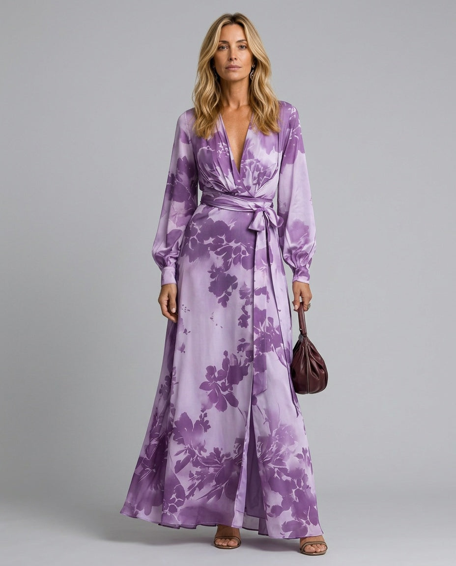 Comfortable and elegant pink floral maxi dress for women, featuring a flattering wrap design & lantern sleeves.