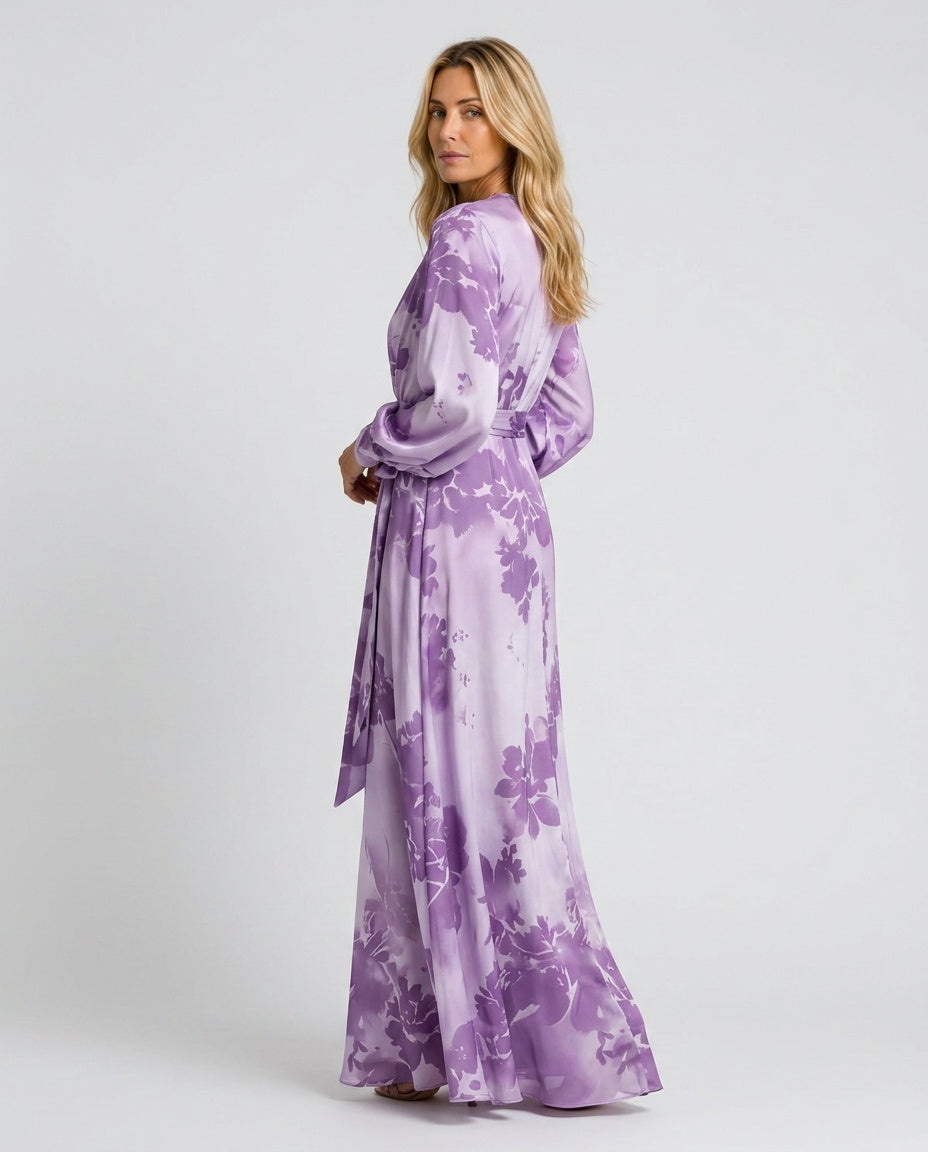 Purple floral wrap maxi dress for women with elegant lantern sleeves, V-neck, and a stylish tie-waist detail.